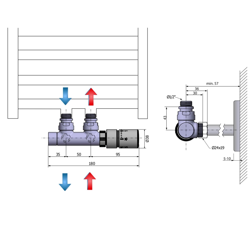 Sapho - Thermostatische aansluitset voor middenaansluiting TWIN, rechts, glanzend chroom