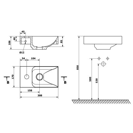 Sapho - Wandgemonteerde wastafel PICCOLINO 31x17 cm links/gietmarmer/wit