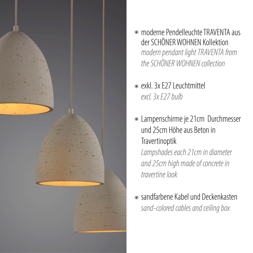 Schöner Wohnen 12541-42 - Hanglamp aan kabel TRAVENTA 3xE27/40W/230V beton