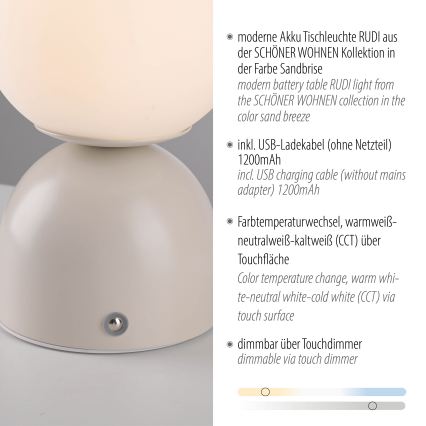 Schöner Wohnen 19218-39 - LED-dimbare tafellamp met aanraakbediening en oplaadbare accu RUDI LED/1,2W/5V 3000-6000K 1200 mAh grijs