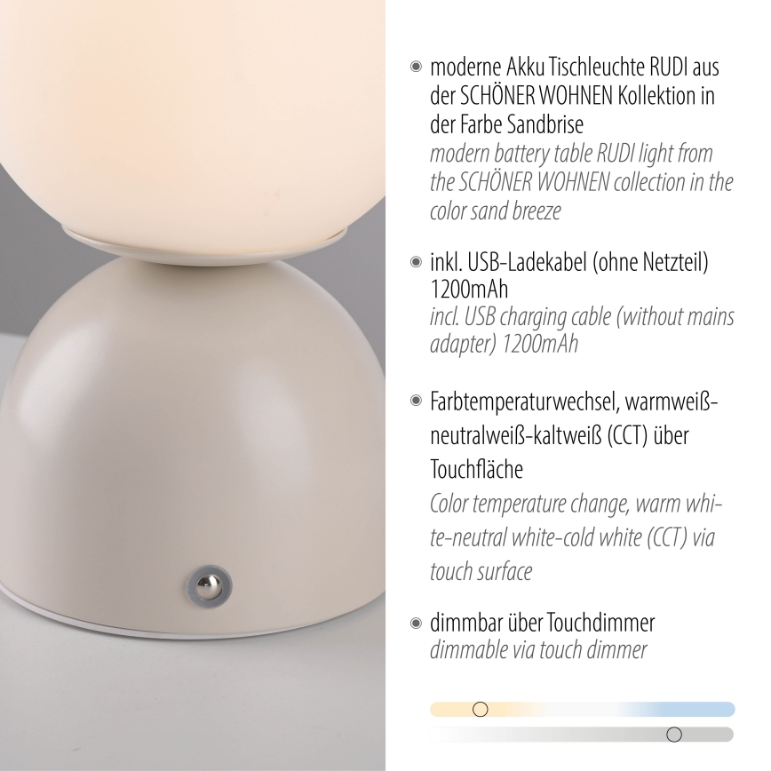 Schöner Wohnen 19218-39 - LED-dimbare tafellamp met aanraakbediening en oplaadbare accu RUDI LED/1,2W/5V 3000-6000K 1200 mAh grijs