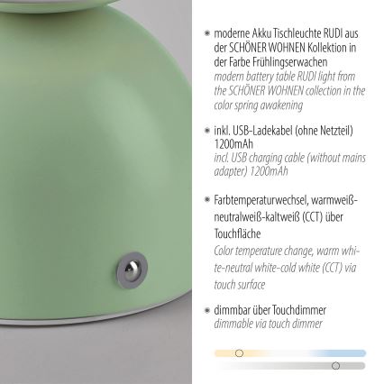 Schöner Wohnen 19218-43 - LED dimbare aanraak-oplaadbare tafellamp RUDI LED/1,2W/5V 3000-6000K 1200 mAh groen