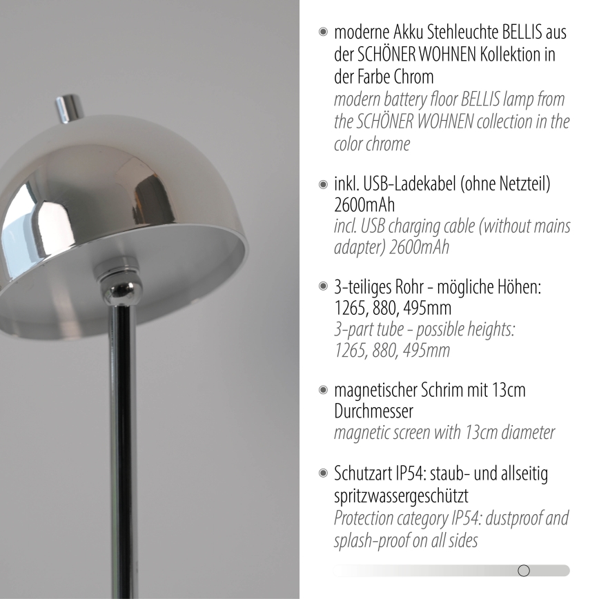 Schöner Wohnen 19245-17 - LED-dimbare aanraak-oplaadbare staande buitenlamp BELLIS LED/2,5W/5V 2600 mAh IP54 glanzend chroom