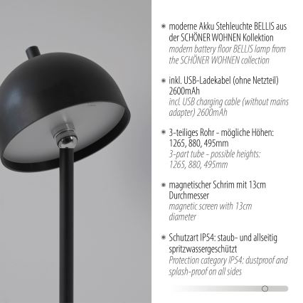 Schöner Wohnen 19245-18 - LED dimbare aanraakbedienbare oplaadbare buitenvloerlamp BELLIS LED/2,5W/5V 2600 mAh IP54 zwart
