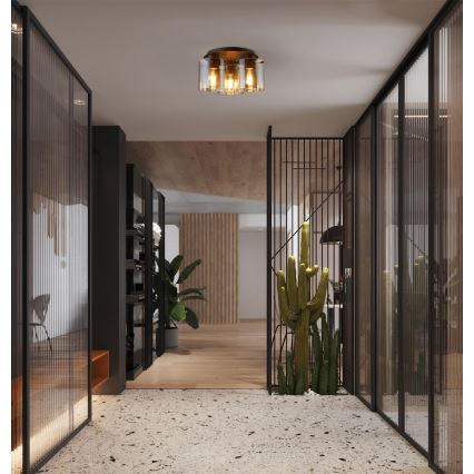 Searchlight - Plafondlamp SWEDEN 3xE27/60W/230V Ø 39 cm bruin/rookglas