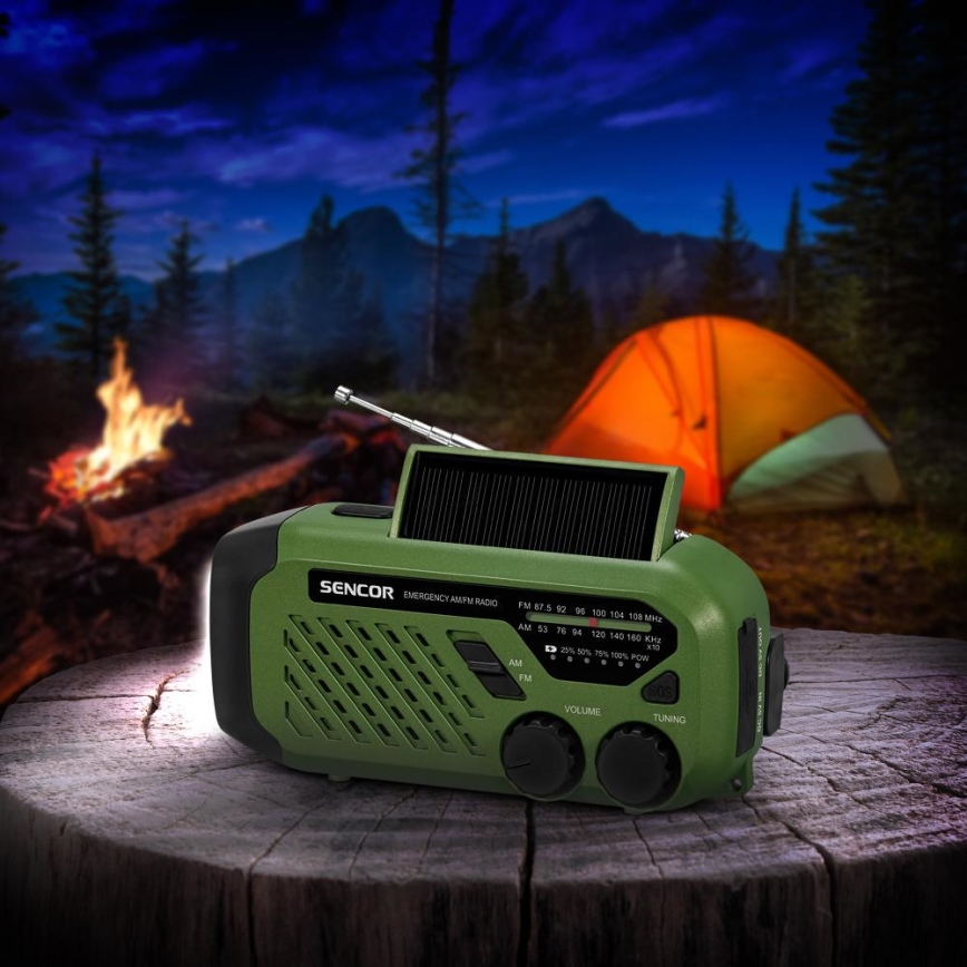 Sencor - Campingradio met zonnepaneel en LED-zaklamp 5V/2000 mAh IPX4 groen