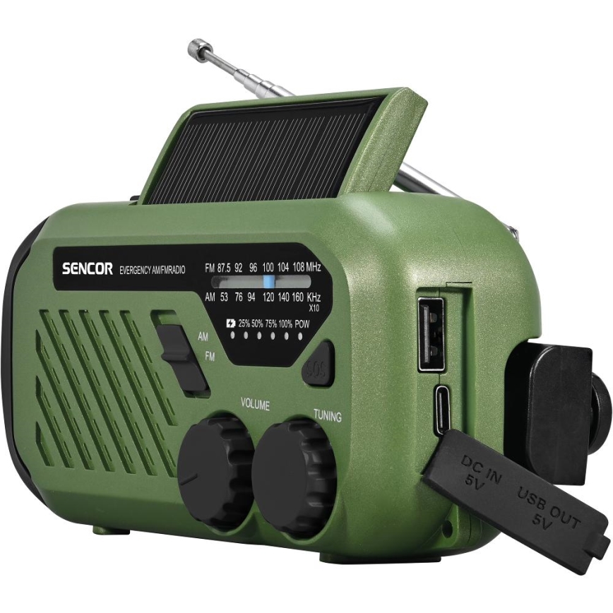 Sencor - Campingradio met zonnepaneel en LED-zaklamp 5V/2000 mAh IPX4 groen