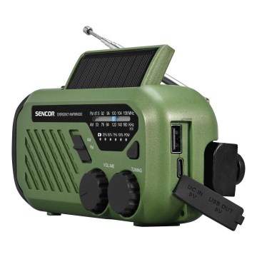 Sencor - Kampeerradio met handdynamo, zonnepaneel en LED-zaklamp 5V/2000 mAh IPX4 groen