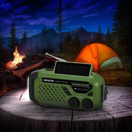 Sencor - Kampeerradio met handdynamo, zonnepaneel en LED-zaklamp 5V/2000 mAh IPX4 groen