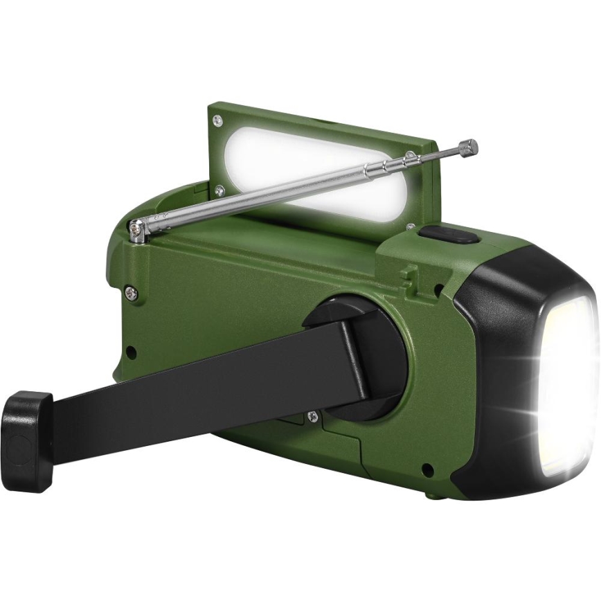 Sencor - Kampeerradio met handdynamo, zonnepaneel en LED-zaklamp 5V/2000 mAh IPX4 groen