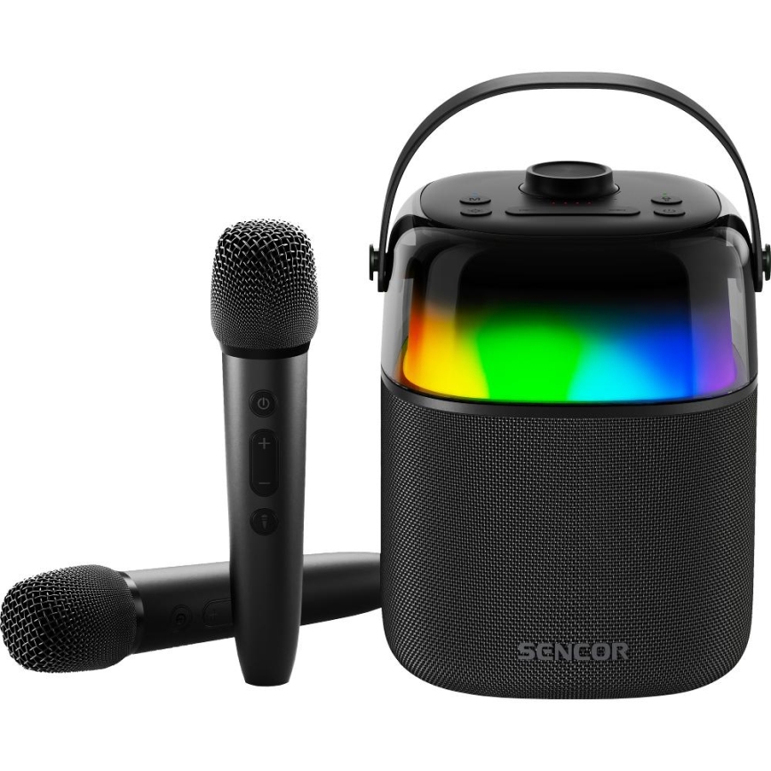 Sencor - LED RGB-luidspreker met draadloze microfoons 35W 8000 mAh + 2x 1800 mAh IPX5 zwart