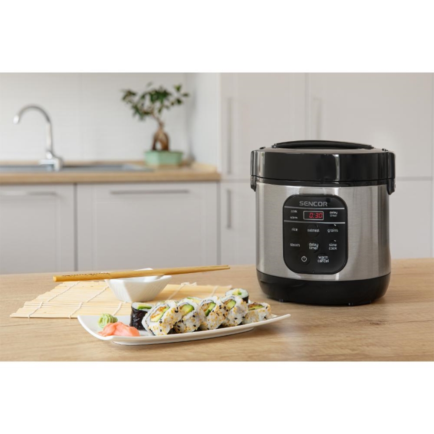 Sencor - Multifunctionele rijstkoker 350W/230V 0,6 l roestvrij staal/zwart
