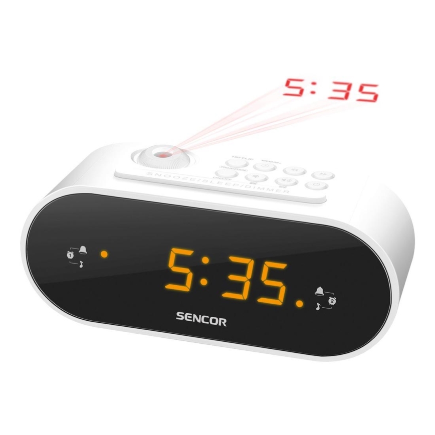Sencor - Radiowekker met LED scherm en projector 5W/230V 1xCR2032 wit