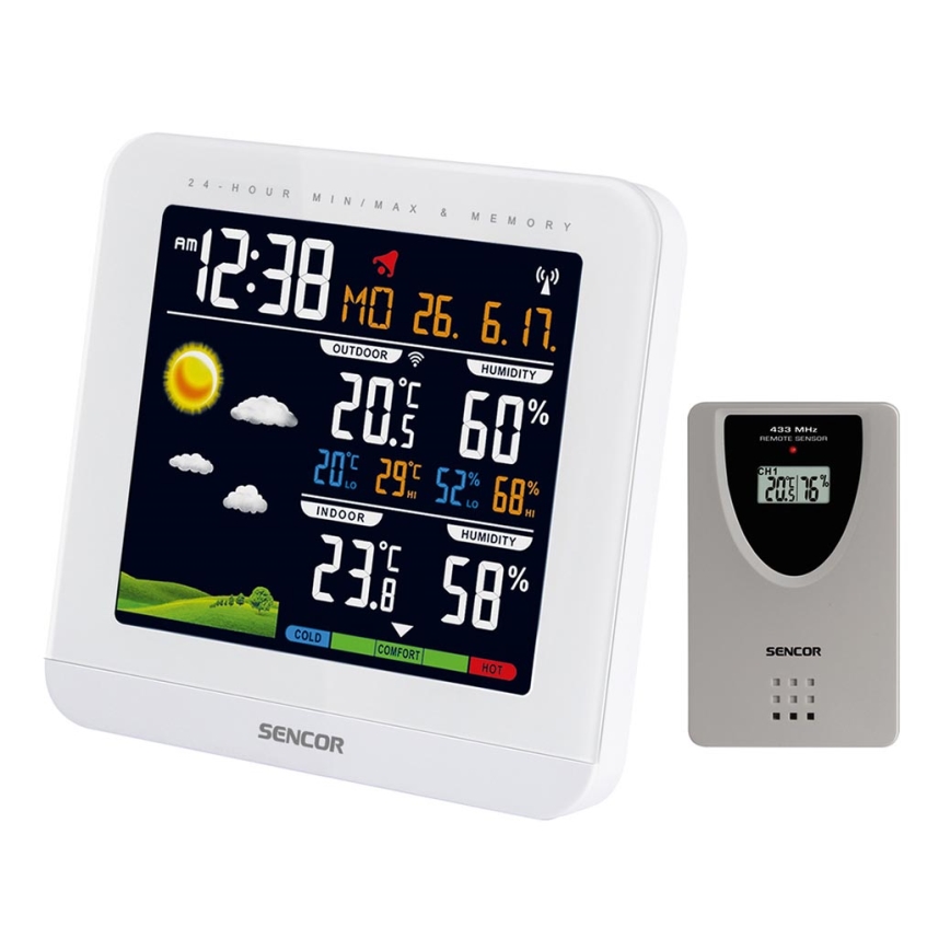 Sencor - Weerstation met kleuren LCD-scherm en wekker 3xAAA + 2xAAA wit
