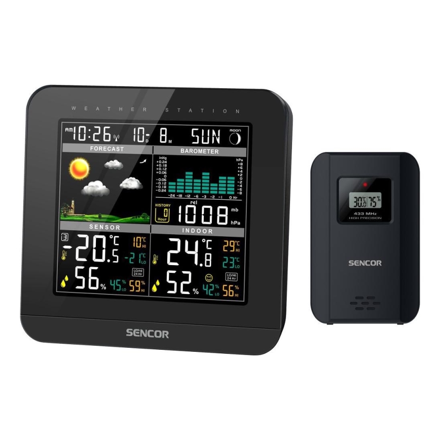 Sencor - Weerstation met kleuren LCD-scherm en wekker 3xAAA zwart
