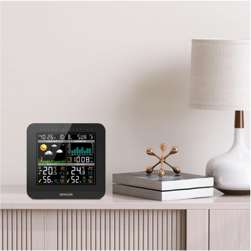 Sencor - Weerstation met kleuren LCD-scherm en wekker 3xAAA zwart