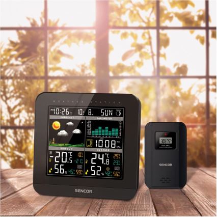 Sencor - Weerstation met kleuren LCD-scherm en wekker 3xAAA zwart
