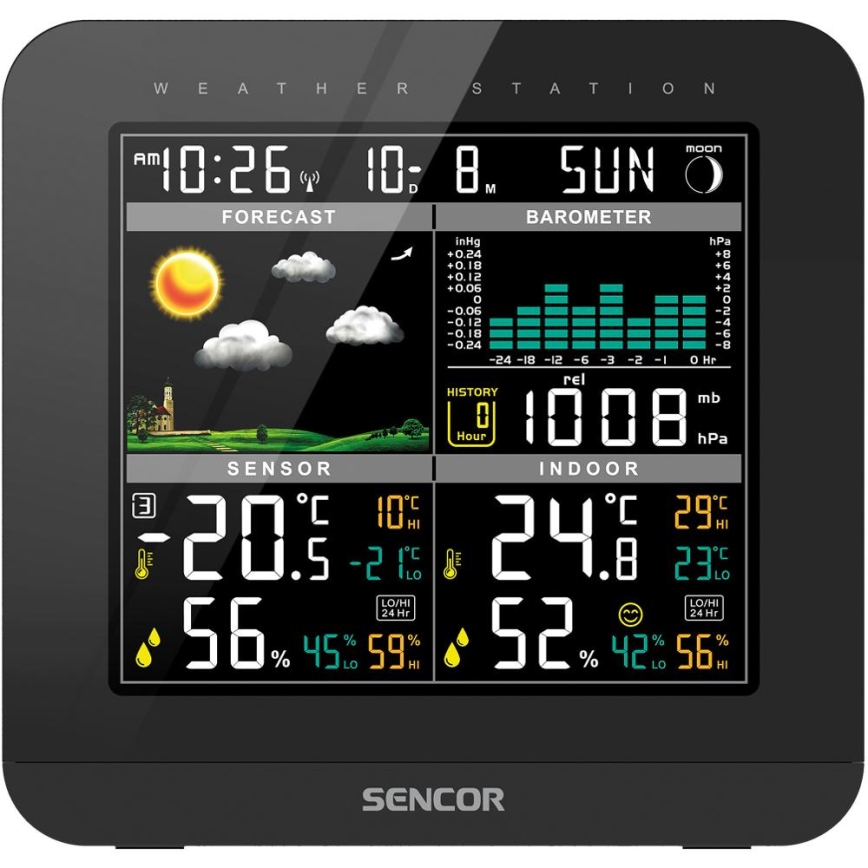 Sencor - Weerstation met kleuren LCD-scherm en wekker 3xAAA zwart