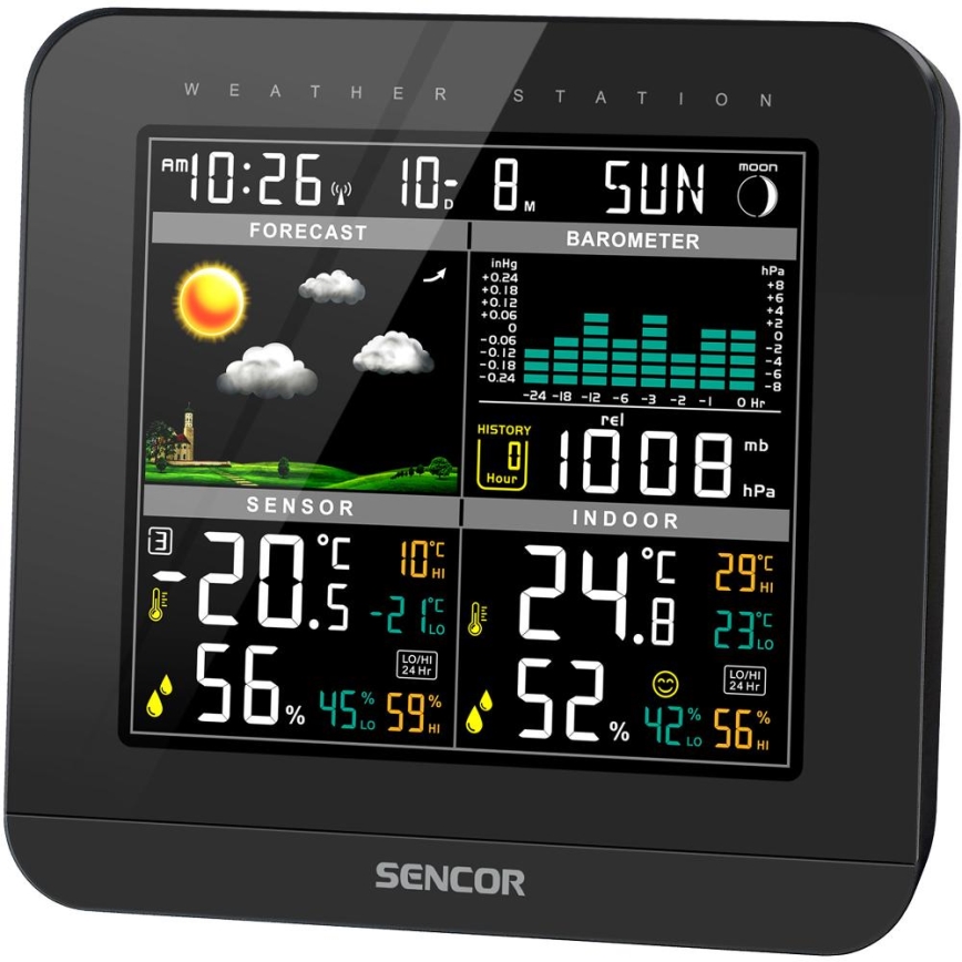 Sencor - Weerstation met kleuren LCD-scherm en wekker 3xAAA zwart