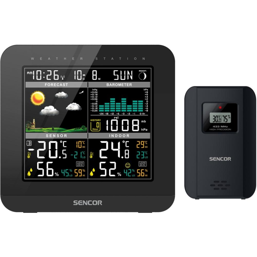 Sencor - Weerstation met kleuren LCD-scherm en wekker 3xAAA zwart
