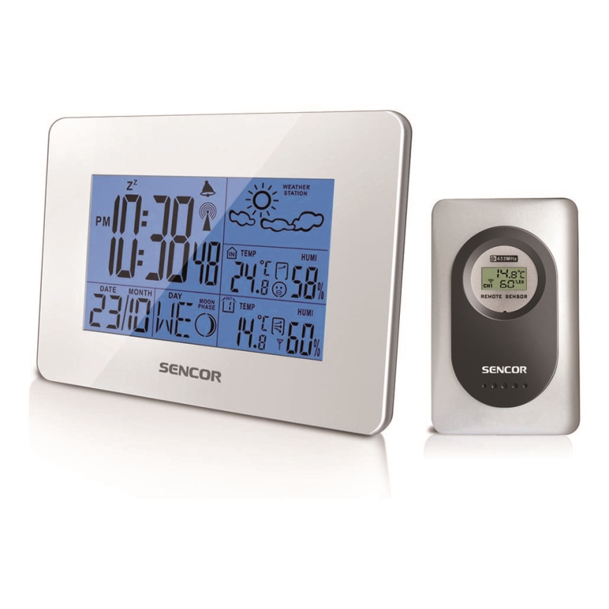 Sencor - Weerstation met LCD scherm en wekker 3xAA + 2xAAA wit