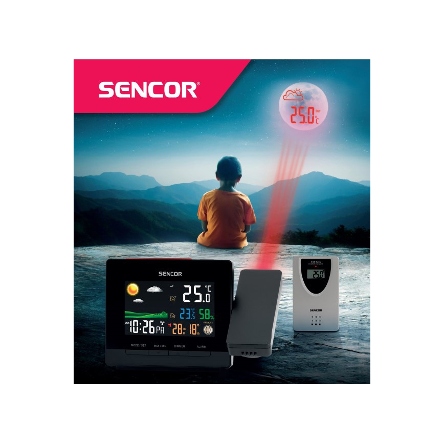 Sencor - Weerstation met kleur LCD display, wekker en projector 2xAA + 2xAAA