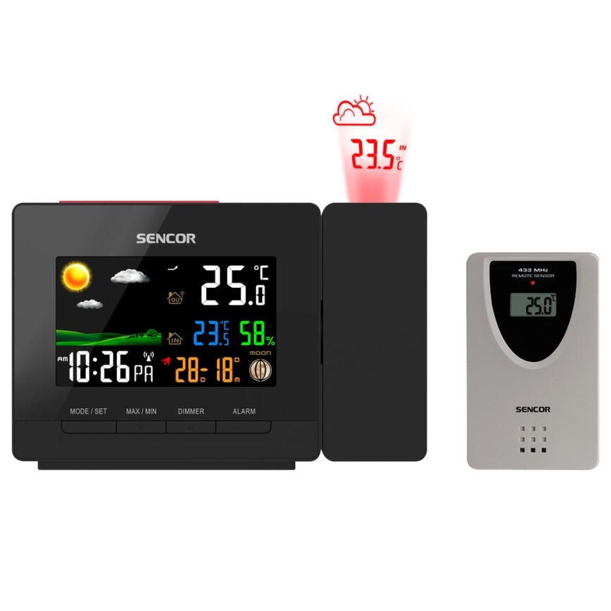 Sencor - Weerstation met kleur LCD display, wekker en projector 2xAA + 2xAAA