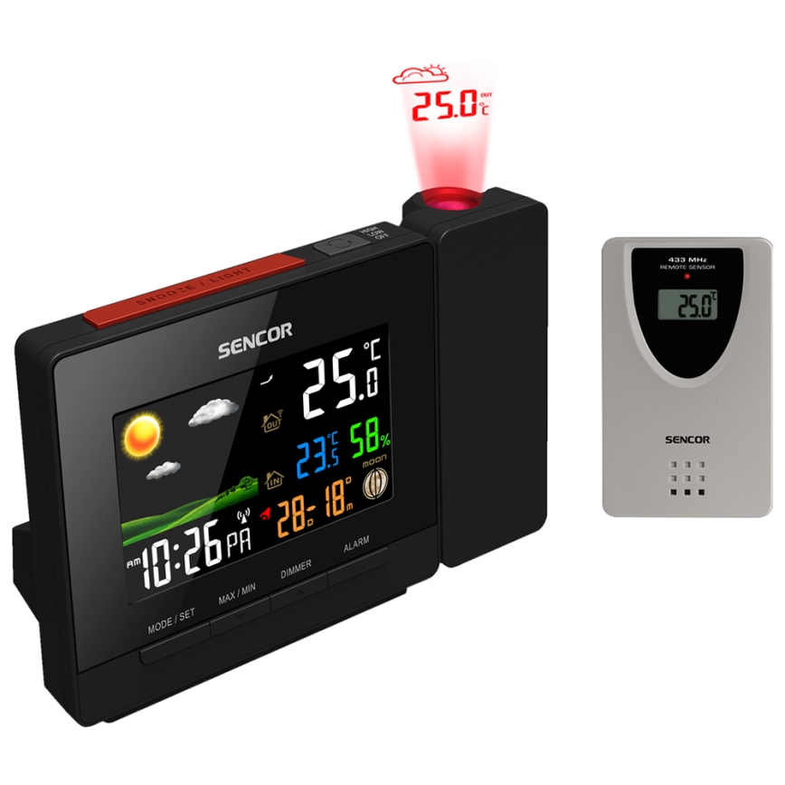 Sencor - Weerstation met kleur LCD display, wekker en projector 2xAA + 2xAAA
