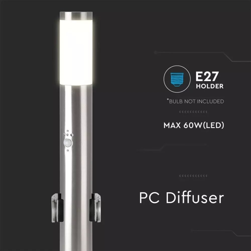 Sensorlamp voor buiten + 2 stopcontacten SCHUKO 1xE27/60W/230V IP44 60cm mat chroom