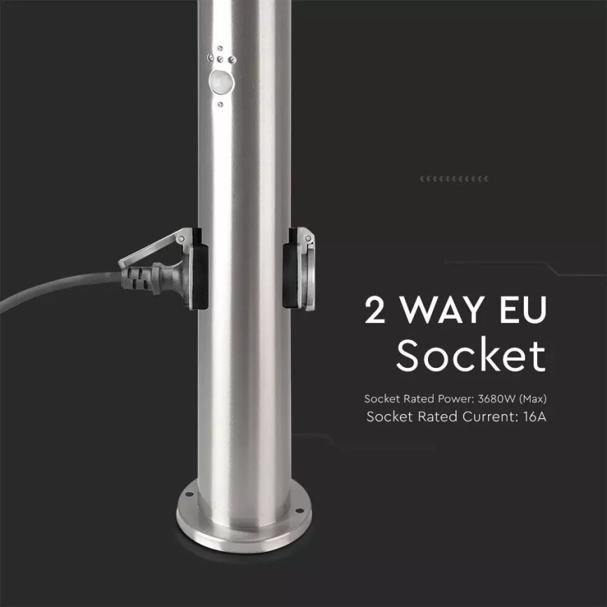 Sensorlamp voor buiten + 2 stopcontacten SCHUKO 1xE27/60W/230V IP44 60cm mat chroom