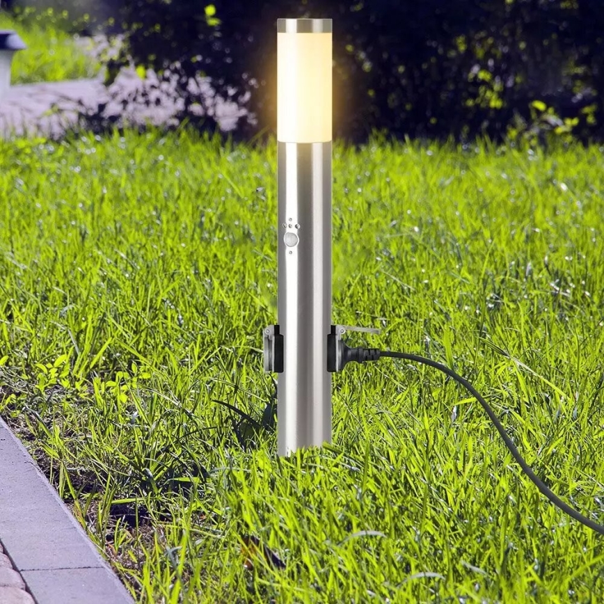 Sensorlamp voor buiten + 2 stopcontacten SCHUKO 1xE27/60W/230V IP44 60cm mat chroom