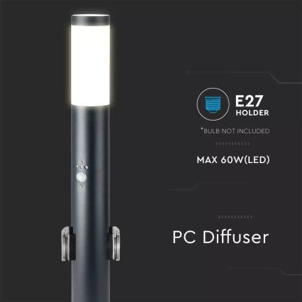 Sensorlamp voor buiten en 2 stopcontacten SCHUKO 1xE27/60W/230V IP44 60cm antraciet