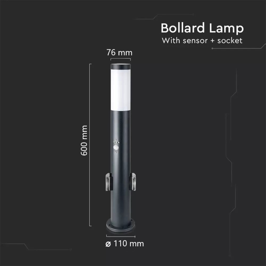 Sensorlamp voor buiten en 2 stopcontacten SCHUKO 1xE27/60W/230V IP44 60cm antraciet