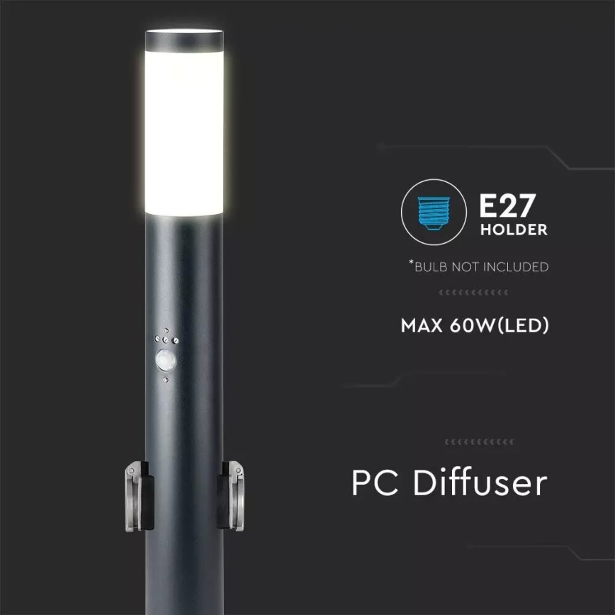 Sensorlamp voor buiten en 2 stopcontacten SCHUKO 1xE27/60W/230V IP44 60cm zwart