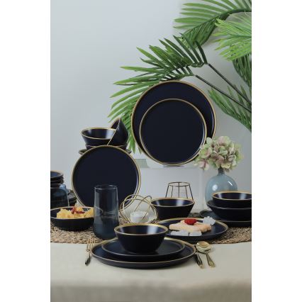 Serviesset 24-delig, blauw met gouden accenten, van keramiek