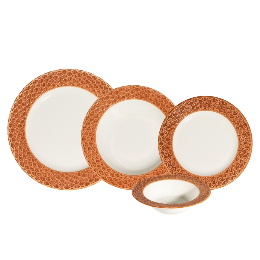 Serviesset 24-delig, wit/oranje, porselein