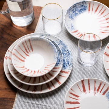 Serviesset 24-delig wit/rood/blauw /porselein