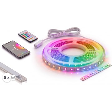 SET 1x dimbare LED RGBW-strip NEO LITE MUSIC LED/24W/230V 5 m IP65 Wi-Fi Tuya + 5x inbouwprofiel 1 m zilver/wit + afstandsbediening