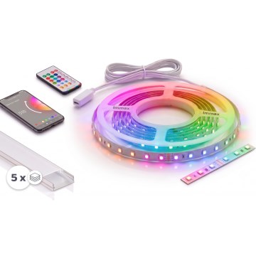 SET 1x dimbare LED RGBW-strip NEO LITE MUSIC LED/24W/230V, 5 m, IP65, Wi‑Fi Tuya + 5x inbouwprofiel 1 m, zilver/wit + afstandsbediening