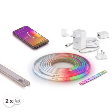 SET 1x dimbare LED RGBW-strip Philips Hue WHITE AND COLOR AMBIANCE LED/20W/230V 2 m + 2x inbouwprofiel 1 m zilver/wit