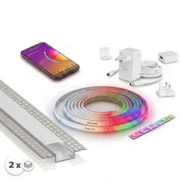 SET 1x dimbare LED RGBW-strip Philips Hue WHITE AND COLOR AMBIANCE LED/20W/230V 2 m + 2x inbouwprofiel 1 m zilver/wit