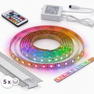 SET 1x dimbare RGBW LED-strip DIGITAL LED/16,5W/230V 5 m + 5x inbouwprofiel 1 m zilver/wit + afstandsbediening