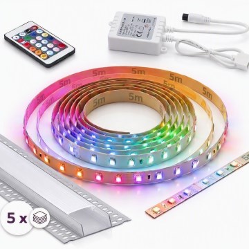 SET 1x dimbare RGBW-LED-strip DIGITAL LED/16,5W/230V 5 m + 5x inbouwprofiel 1 m zilver/wit + afstandsbediening