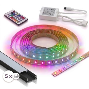 SET 1x dimbare RGBW LED-strip DIGITAL LED/16,5W/230V 5 m + 5x inbouwprofiel 1 m zwart/wit + afstandsbediening
