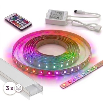 SET 1x dimbare RGBW LED-strip, digitale LED/9,6W/230V, 3 m + 3x inbouwprofiel 1 m, zilver/wit + afstandsbediening