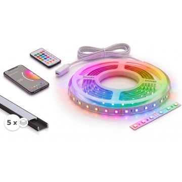SET 1x dimbare RGBW LED-strip NEO LITE MUSIC LED/24W/230V 5 m IP65 Wi‑Fi Tuya + 5x inbouwprofiel 1 m zwart/wit + afstandsbediening