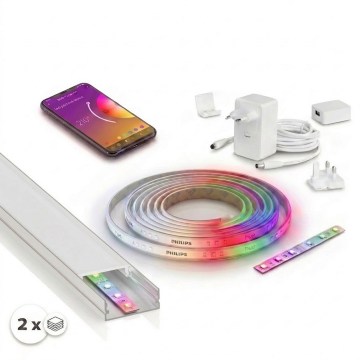 SET 1x dimbare RGBW-LED-strip Philips Hue White and Color Ambiance LED/20W/230V 2 m + 2x inbouwprofiel 1 m zilver/wit