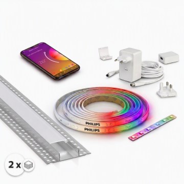 SET 1x dimbare RGBW LED-strip Philips Hue WHITE AND COLOR AMBIANCE LED/20W/230V 2 m + 2x inbouwprofiel 1 m zilver/wit