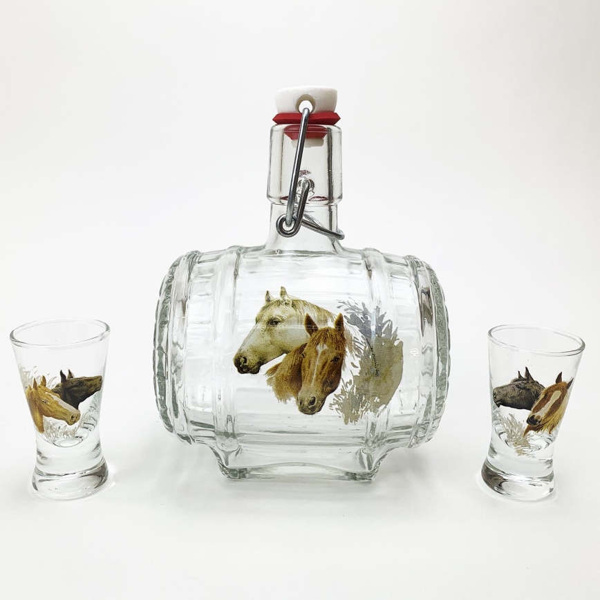 Set 1x glas bottle in tonvorm en 2x shotglas doorzichtig met paardenmotief
