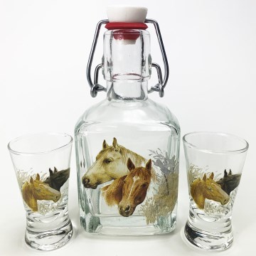 Set 1x glas fles en 2x shotglas doorzichtig met paardenmotief